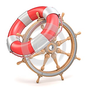 Wooden ship wheel and life buoy 3D