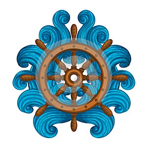 Wooden ships wheel encircled with blue waves.