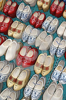Wooden shoes (klompen) with windmills at the Flower market in Amsterdam, Netherlands