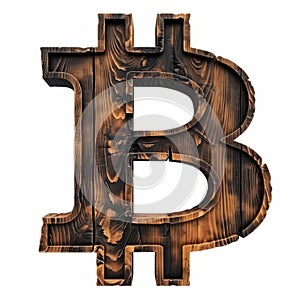 Wooden Shou Sugi Ban Bitcoin Sign isolated on White Background.