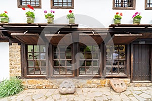 Wooden showcase of souvenir shop in the ethnographic complex `Etera` in Bulgaria