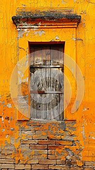 Wooden shutters seal the past behind them on an orange wall, whose cracked paint and bricks speak of years gone by. The