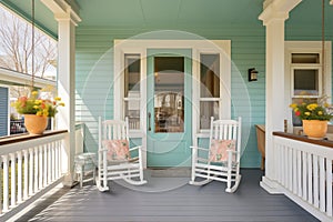 wooden side porch with rocking chairs on a colonial faade