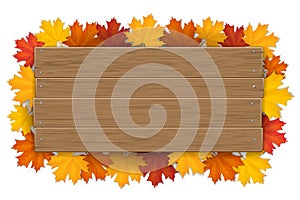 Wooden sign with autumn maple tree leaves