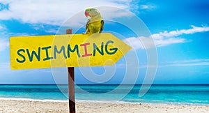 Wooden sign on beautiful beach and clear sea wit text swimming. A green parrot sits on a pointer to a tropical paradise