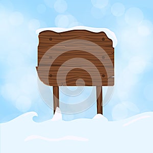 Wooden sign blank board and winter snow with copy space vector illustration
