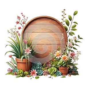 Wooden sign board decorated with flowers and plants