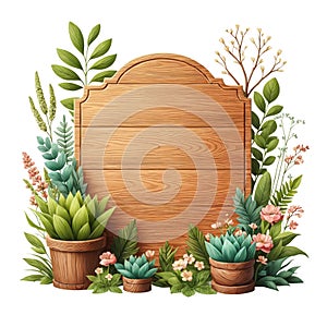 Wooden sign board decorated with flowers and plants