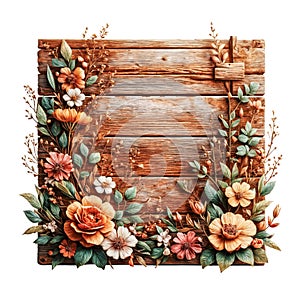 Wooden sign board decorated with flowers and plants