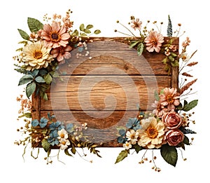 Wooden sign board decorated with flowers and plants