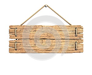 Wooden sign board hanging on rope isolated on white 3d rendering