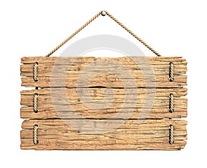 Wooden sign board hanging on rope isolated on white 3d rendering