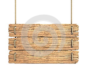 Wooden sign board hanging on rope isolated on white 3d rendering