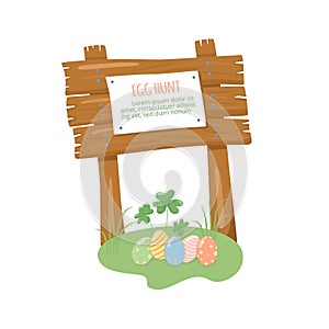 Wooden sign board with texture in cartoon style - invitation for Easter egg hunt. Vector stock illustration isolated on