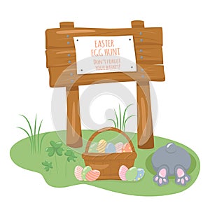 Wooden sign board with texture in cartoon style - invitation for Easter egg hunt. Vector stock illustration isolated on