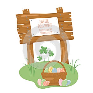 Wooden sign board with texture in cartoon style - invitation for Easter egg hunt. Vector stock illustration isolated on