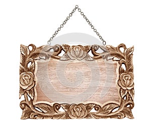 Wooden sign carved frame with chain hanging on white