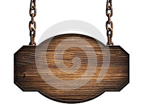 Wooden sign in dark wood hanging on a chain isolated