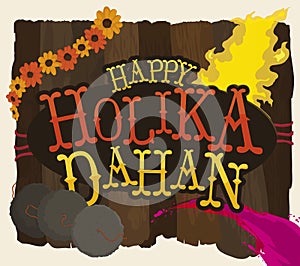 Wooden Sign with Elements and Greeting for Holika Dahan Celebration, Vector Illustration