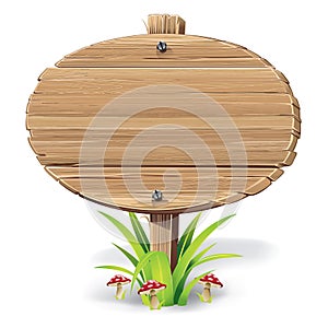 Wooden sign on a grass with mushrooms.