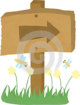 Wooden sign on grass with yellow flowers and dragonfly, Vector illustration.