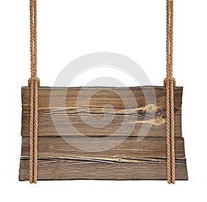 Wooden sign hanging on double rope