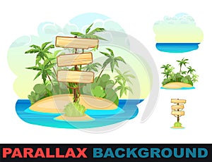 Wooden sign on Island in ocean. Set parallax effect. Three meanings. Cartoon style. Blue calm sea. Jungle palm trees
