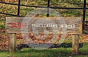 Wooden sign, pedestrians in road.