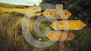 Wooden Sign Pointing in Different Directions in a Field