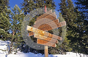 Wooden sign post with directions for cross-country skiers in Norway