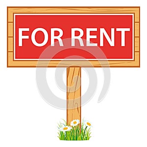Wooden sign with for rent sign. Vector illustration. Real estate.