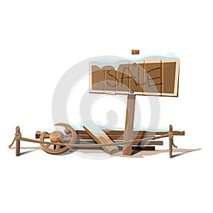 Wooden sign sale in snow and wreckage