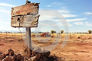 A wooden sign sitting in the middle of a desert.