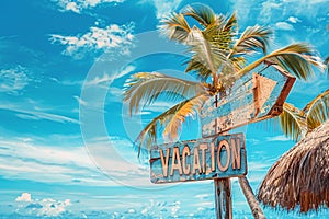 Wooden sign with text \'Vacation\' in front of blue sky and tropical palm tree