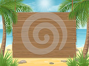 Wooden sign on tropical beach with palm tree
