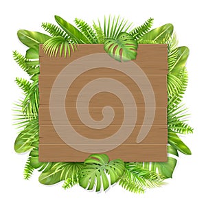 Wooden sign with tropical leaves