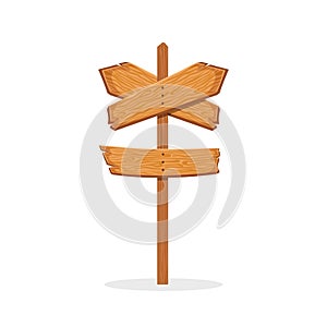 Wooden sign. Wood Arrow. Signboard for road and post. Cartoon old plank isolated on white background. Blank board for signpost,