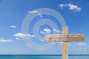 wooden signboard on blue sky for summer background with copy spa