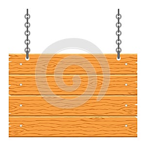 Wooden signboard with chain isolated on white background. wood plank sign and symbol to communicate a message. Banner