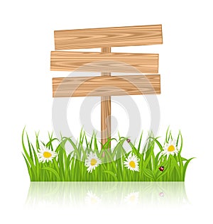 Wooden signboard for guidepost with field green grass and camomile and ladybugs