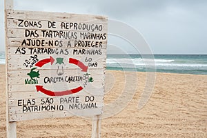 Wooden signboard on the Sal Beach report The Marine turtle breeding area National heritages in Cape Verde Island, Africa photo