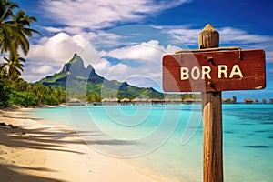 Wooden signboard with text Bora Bora, island in background, Bora Bora wooden sign with beach background, AI Generated