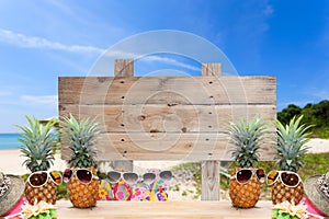 wooden signboard on tropical beach for summer background.