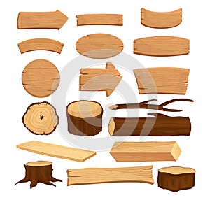 Wooden Signboard and Wood Material with Log, Tree Stump and Plank Big Vector Set