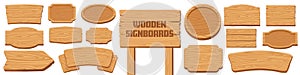 Wooden signboards collection. Cartoon wooden signs