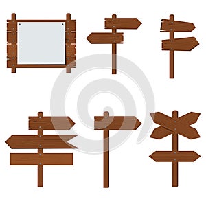 Wooden signboards, wood arrow sign vector set. Flat color style design