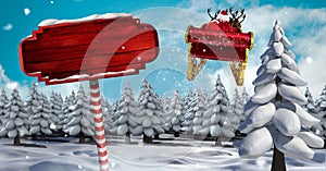 Wooden signpost in Christmas Winter landscape and Santa`s sleigh and reindeer`s