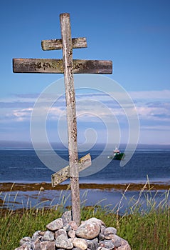 Wooden signpost on coast