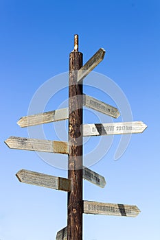 Wooden signpost with distance pointers on the beach in Protaras with blue sky background