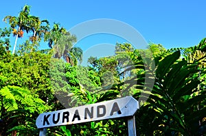 Wooden signpost Kuranda town in Queensland Australia photo